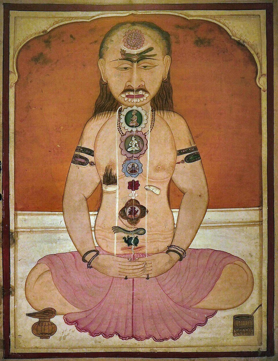 Pintura tradicional de un yogui con los chakras y los canales de energía